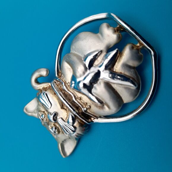 AJC Kitty Cat Fish Bowl Silver Tone Pin Brooch Vintage Signed - Picture 10 of 11